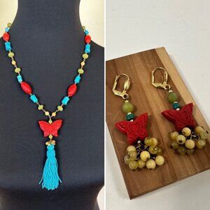 Vintage Cinnabar Style Red Butterfly Teal Tassle Womens Lariat Necklace Set